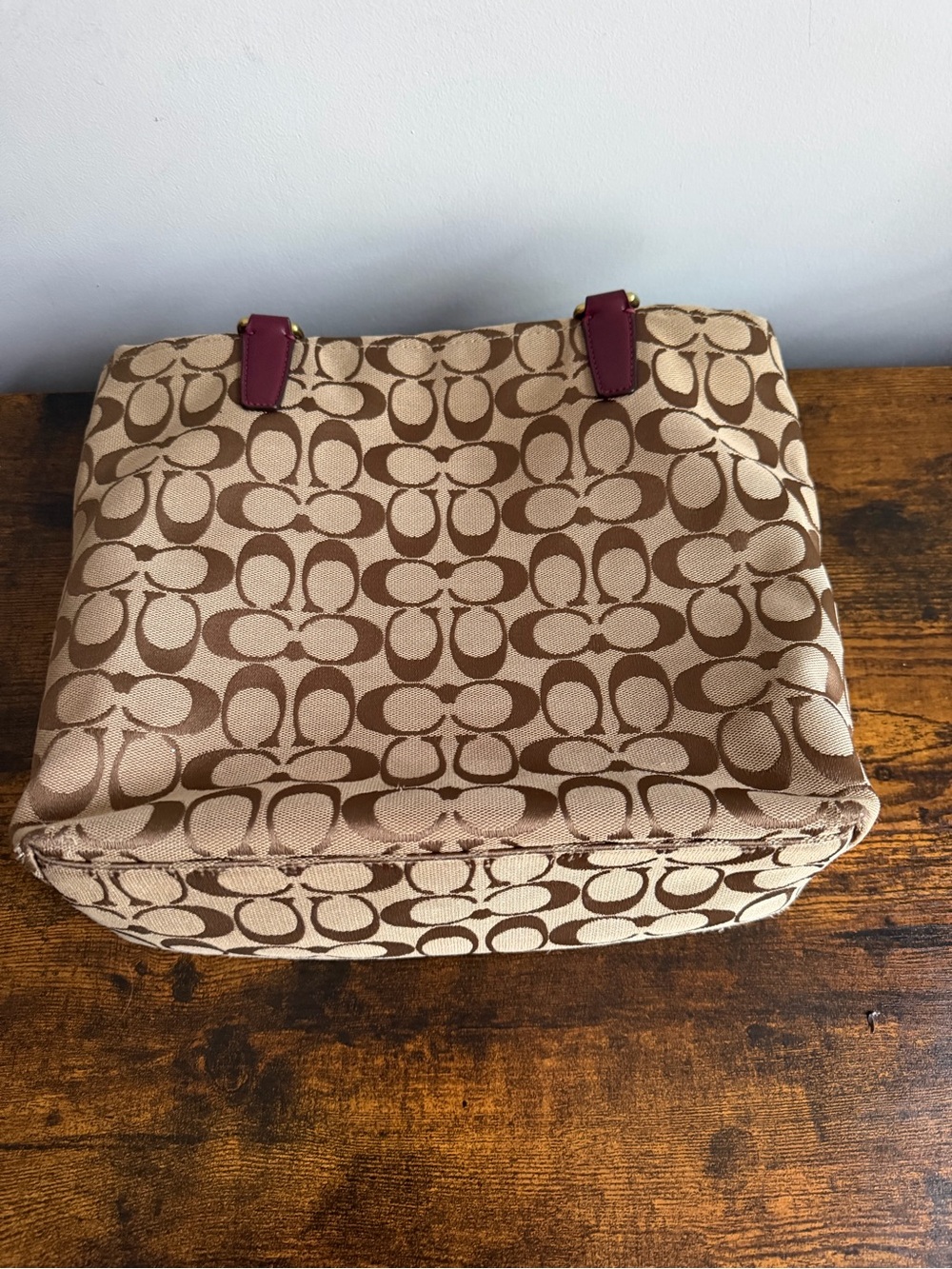 Coach F28504 Signature Stripe Tote Bag Khaki Burgundy Canvas Leather - Picture 7 of 13